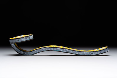 A Chinese Beijing enamel yellow-ground 'Bajixiang' ruyi sceptre, Qianlong mark, 19/20th C.