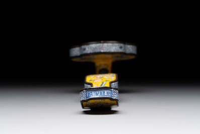 A Chinese Beijing enamel yellow-ground 'Bajixiang' ruyi sceptre, Qianlong mark, 19/20th C.