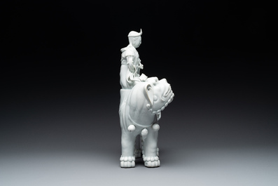 Two Chinese white-glazed Bodhisattvas, a sancai-glazed duck and a turquoise-glazed lion, 20th C.