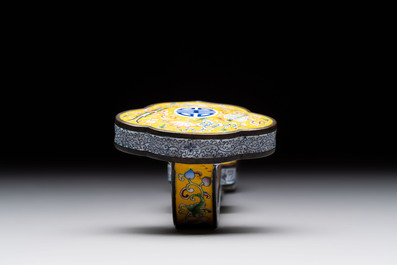 A Chinese Beijing enamel yellow-ground 'Bajixiang' ruyi sceptre, Qianlong mark, 19/20th C.