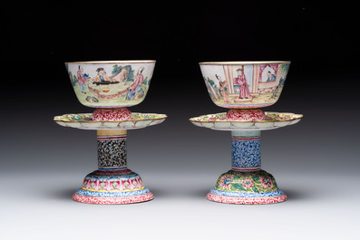 A pair of Chinese Canton enamel marriage bowls on stems, Yongzheng