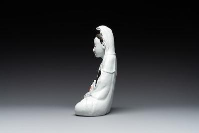 Two Chinese white-glazed Bodhisattvas, a sancai-glazed duck and a turquoise-glazed lion, 20th C.