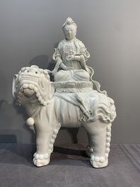 Two Chinese white-glazed Bodhisattvas, a sancai-glazed duck and a turquoise-glazed lion, 20th C.