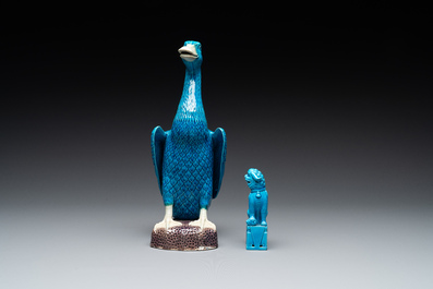 Two Chinese white-glazed Bodhisattvas, a sancai-glazed duck and a turquoise-glazed lion, 20th C.