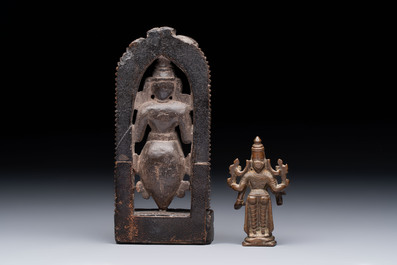 A Indian soapstone figure of Vishnu and a small bronze figure of Vishnu, 18/19th C.
