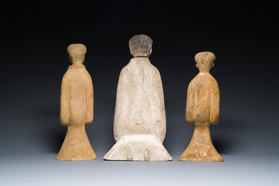 Three Chinese cold painted pottery figures of ladies, Han