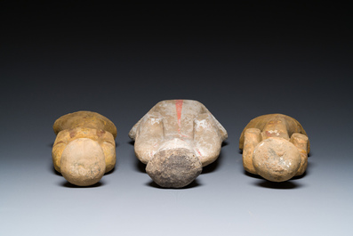 Three Chinese cold painted pottery figures of ladies, Han
