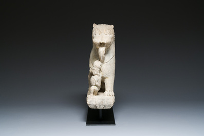 A sandstone group of a prince chasing a lion, India, probably Chandela period, 11th C.