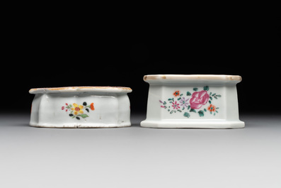 A collection of five Chinese blue and white, famille rose and Imari-style salts, Kangxi/Qianlong