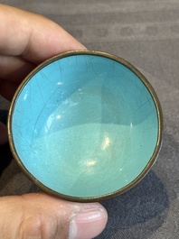 A rare Chinese Canton enamel ruby-ground 'Bats and Shou' cup on stand, Qianlong mark and of the period