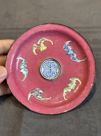 A rare Chinese Canton enamel ruby-ground 'Bats and Shou' cup on stand, Qianlong mark and of the period