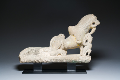 A sandstone group of a prince chasing a lion, India, probably Chandela period, 11th C.