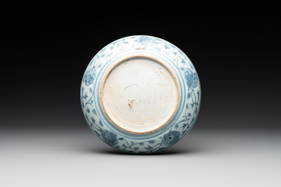 A Chinese blue and white 'phoenix' dish and two 'Buddhist lion' and 'peony' plates, Hongzhi/Zhengde