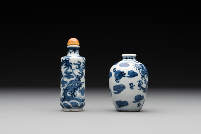 Two Chinese blue and white 'dragon' snuff bottles, Chenghua and Qianlong mark, 19th C.