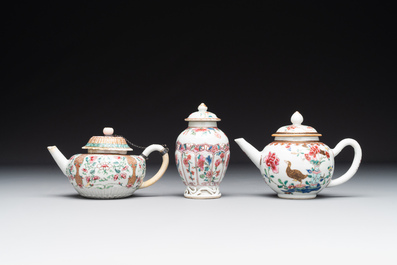 Two Chinese famille rose teapots and a tea caddy, Yongzheng/Qianlong