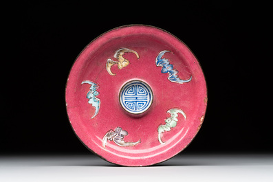 A rare Chinese Canton enamel ruby-ground 'Bats and Shou' cup on stand, Qianlong mark and of the period