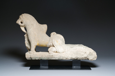 A sandstone group of a prince chasing a lion, India, probably Chandela period, 11th C.