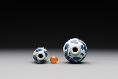 Two Chinese blue and white 'dragon' snuff bottles, Chenghua and Qianlong mark, 19th C.