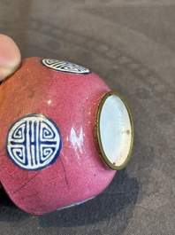 A rare Chinese Canton enamel ruby-ground 'Bats and Shou' cup on stand, Qianlong mark and of the period