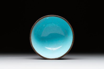 A rare Chinese Canton enamel ruby-ground 'Bats and Shou' cup on stand, Qianlong mark and of the period