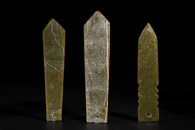Three Chinese green nephrite jade ceremonial blades, possibly Shang, 12th C. B.C.