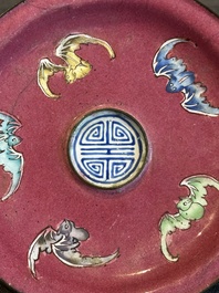 A rare Chinese Canton enamel ruby-ground 'Bats and Shou' cup on stand, Qianlong mark and of the period