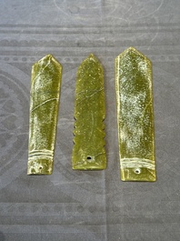 Three Chinese green nephrite jade ceremonial blades, possibly Shang, 12th C. B.C.