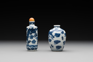 Two Chinese blue and white 'dragon' snuff bottles, Chenghua and Qianlong mark, 19th C.