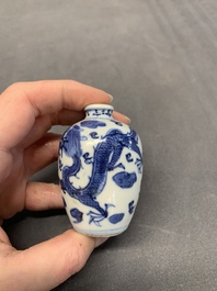 Two Chinese blue and white 'dragon' snuff bottles, Chenghua and Qianlong mark, 19th C.