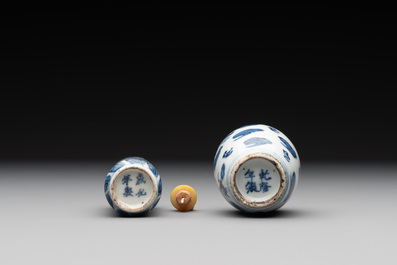 Two Chinese blue and white 'dragon' snuff bottles, Chenghua and Qianlong mark, 19th C.