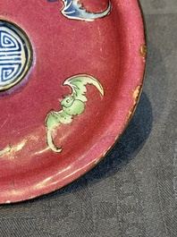 A rare Chinese Canton enamel ruby-ground 'Bats and Shou' cup on stand, Qianlong mark and of the period