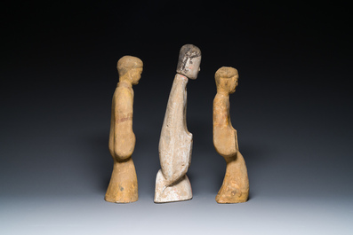 Three Chinese cold painted pottery figures of ladies, Han