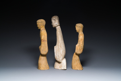 Three Chinese cold painted pottery figures of ladies, Han