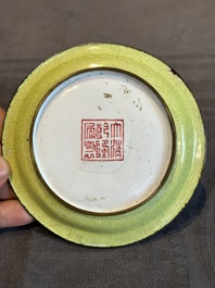 A rare Chinese Canton enamel ruby-ground 'Bats and Shou' cup on stand, Qianlong mark and of the period