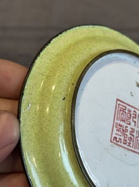 A rare Chinese Canton enamel ruby-ground 'Bats and Shou' cup on stand, Qianlong mark and of the period
