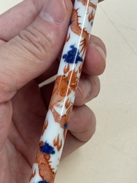 A rare and fine Chinese iron-red, blue and white 'dragon' brush handle and cover, Jiaqing mark and of the period