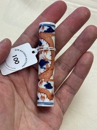 A rare and fine Chinese iron-red, blue and white 'dragon' brush handle and cover, Jiaqing mark and of the period