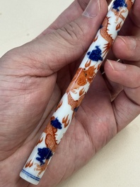 A rare and fine Chinese iron-red, blue and white 'dragon' brush handle and cover, Jiaqing mark and of the period