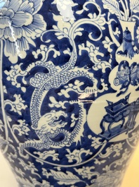 A large Chinese blue and white vase with dragons, peonies and antiquities, Johanneum mark, ex-collection of August the Strong, Kangxi