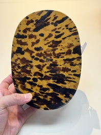 A fine and rare Chinese tortoiseshell-veneered and red-lacquered oval box and cover, signed Wang Wenzhi 王文治, Qianlong mark and of the period