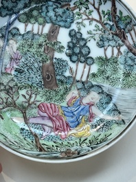 A Chinese famille rose 'Procris and Cephales' cup and saucer, Qianlong