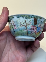 A Chinese famille rose 'Procris and Cephales' cup and saucer, Qianlong