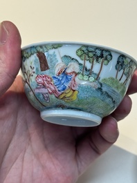 A Chinese famille rose 'Procris and Cephales' cup and saucer, Qianlong