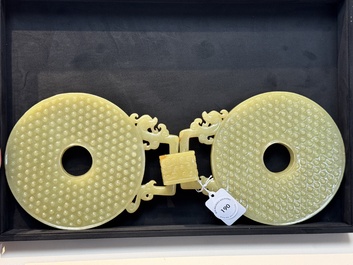 An imperial Chinese yellow jade 'dragon and phoenix' twin 'bi' disc, Qing