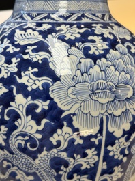 A large Chinese blue and white vase with dragons, peonies and antiquities, Johanneum mark, ex-collection of August the Strong, Kangxi