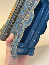 A Chinese lapis lazuli and cloisonn&eacute; elephant on stand, 19/20th C.