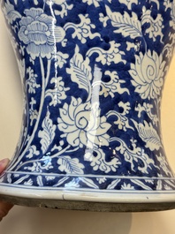 A large Chinese blue and white vase with dragons, peonies and antiquities, Johanneum mark, ex-collection of August the Strong, Kangxi