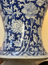A large Chinese blue and white vase with dragons, peonies and antiquities, Johanneum mark, ex-collection of August the Strong, Kangxi
