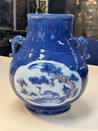 A Chinese blue, white and copper-red powder-blue-ground 'hu' vase, Qianlong