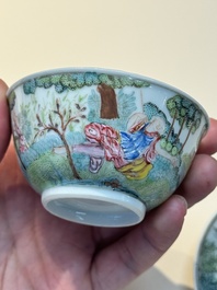 A Chinese famille rose 'Procris and Cephales' cup and saucer, Qianlong